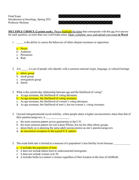 final exam sociology quizlet